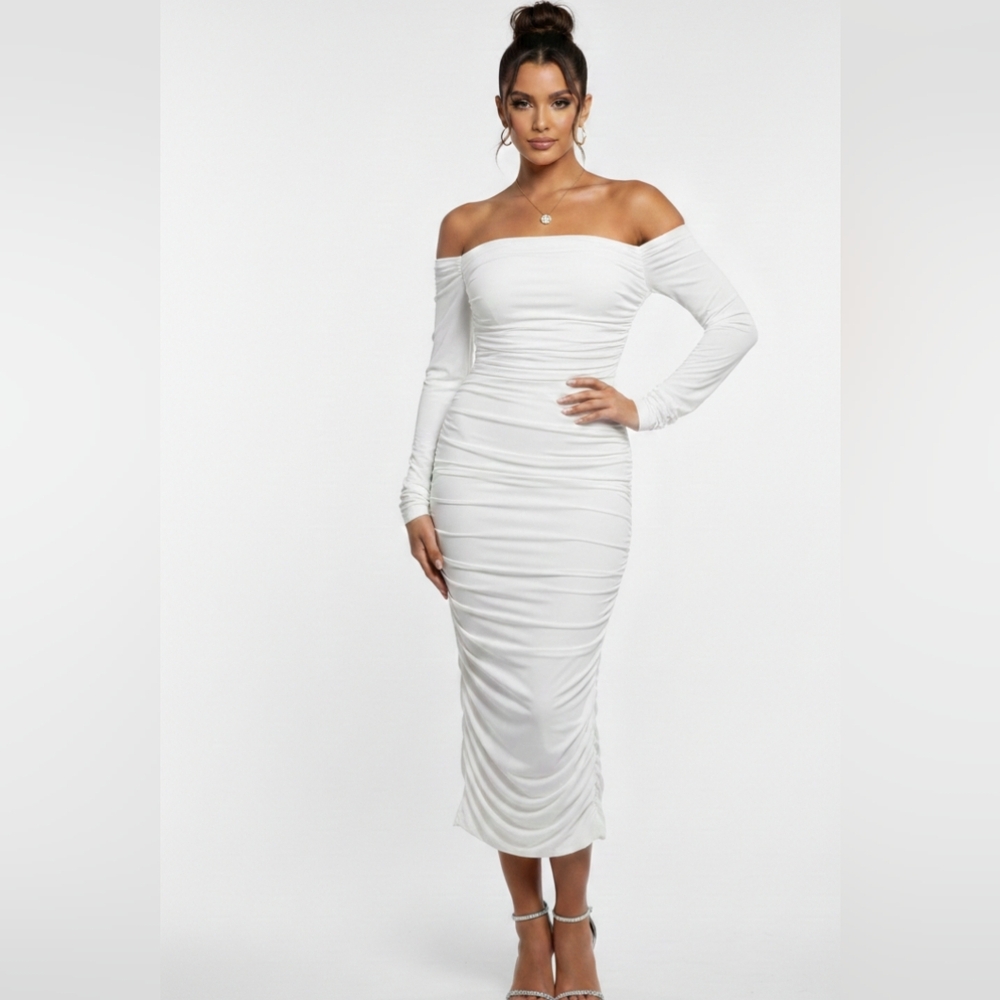 Lulus White Mesh Long Sleeve Ruched Bodycon Dress, NWT Size Large